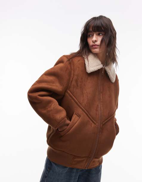 Topshop - Giacca bomber marrone in camoscio sintetico e montone - view 1