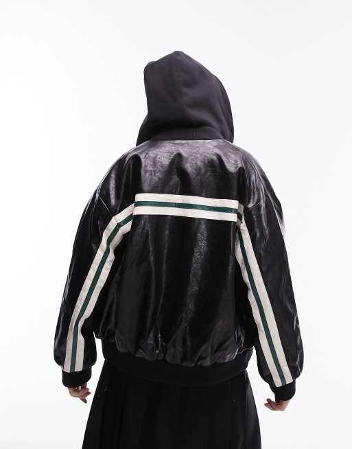 Topshop - Giacca bomber nera in pelle sintetica con righe, 3 di 4