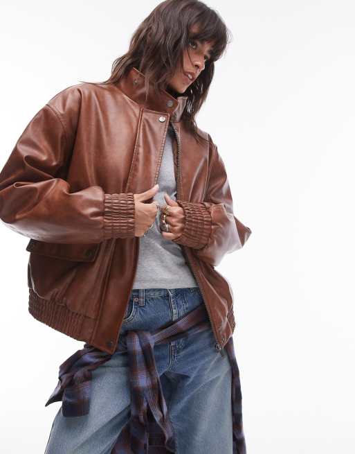 Topshop - Giacca bomber oversize in pelle sintetica color cuoio