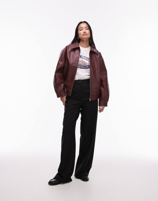 Topshop grain faux leather oversized bomber jacket in burgundy