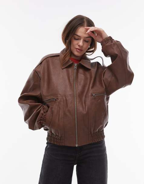 Topshop - Giacca bomber oversize in pelle sintetica marrone - view 1