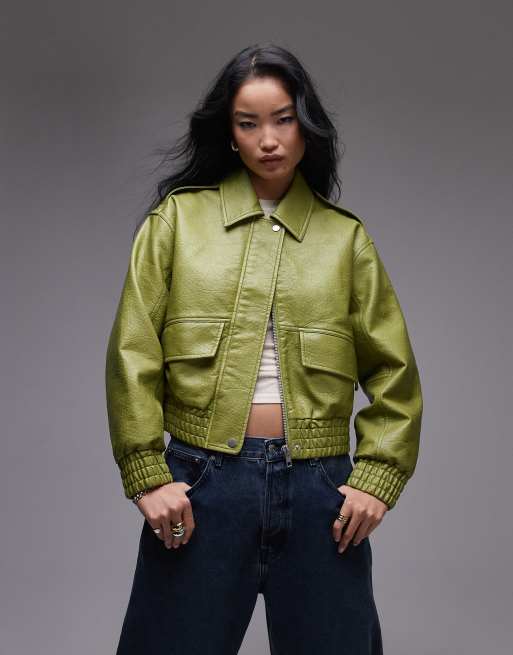 Topshop - Giacca bomber taglio corto a palloncino in pelle sintetica verde