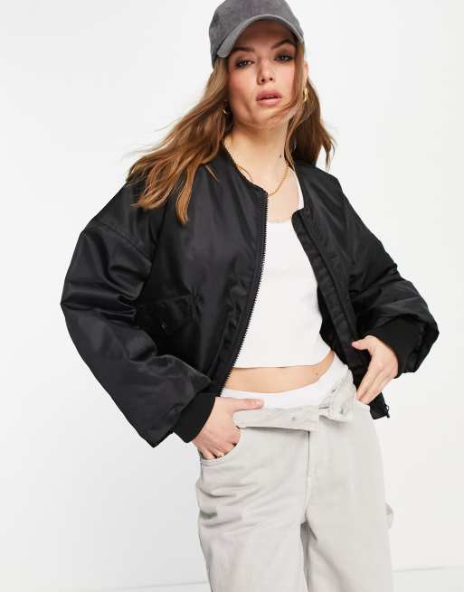 Topshop - Giacca bomber taglio corto nero senza colletto