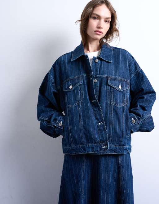 Topshop - Giacca con maniche a palloncino in denim indaco a righe
