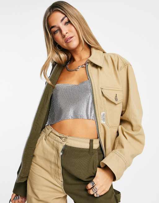 Topshop - Giacca con zip con design diviso metà kaki e metà color cammello in coordinato