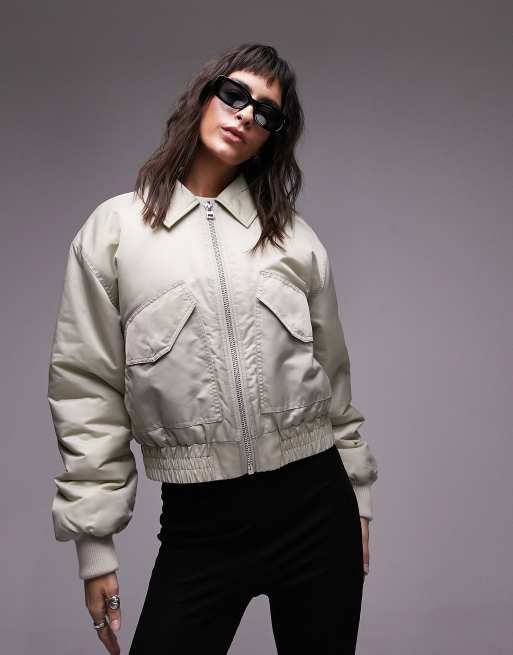 Topshop - Giacca corta bomber in nylon tortora
