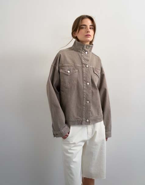 Topshop - Giacca di jeans color pietra con collo a imbuto e fondo elasticizzato - view 1