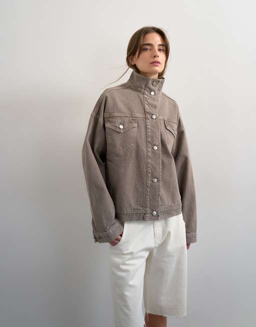 Topshop - Giacca di jeans color pietra con collo a imbuto e fondo elasticizzato