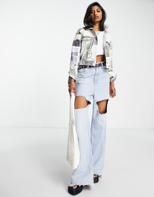 Topshop - Giacca di jeans in cotone con stampa di cartoline in coordinato - MULTI, 3 di 4