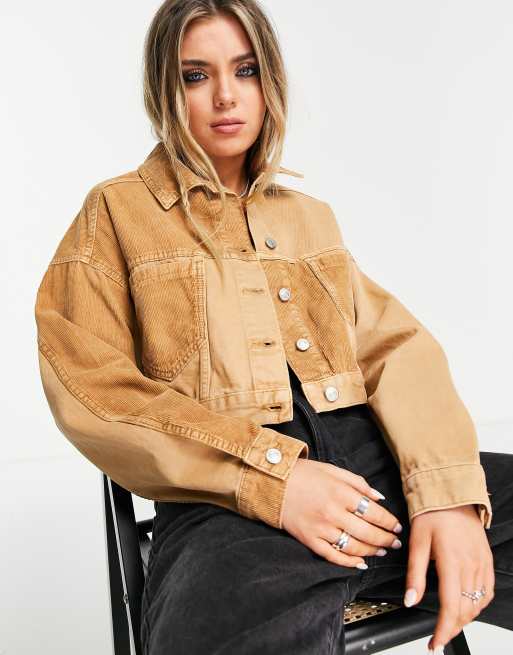 Topshop - Giacca di jeans in velluto a coste marrone colorblock