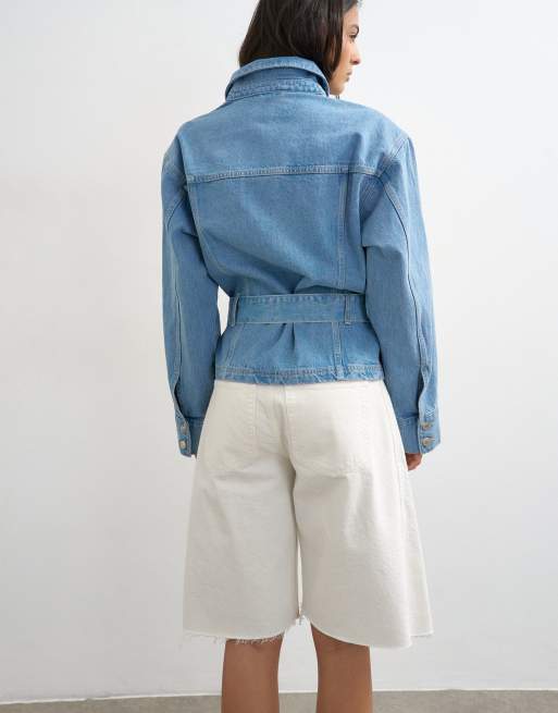 Topshop - Giacca in denim candeggiata con spalline imbottite, 3 di 4