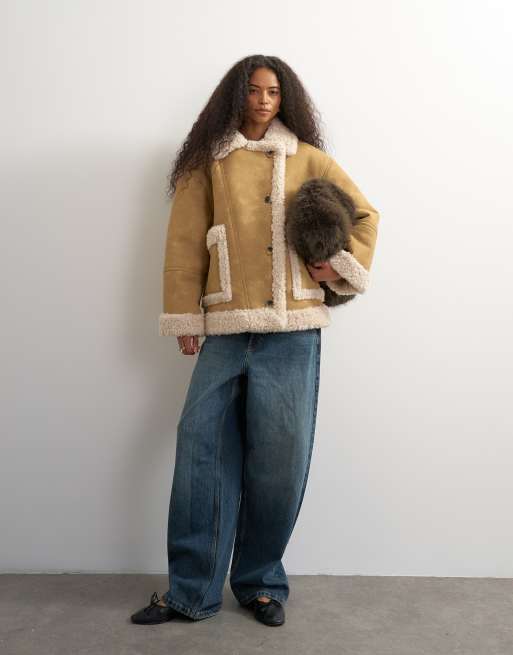 Topshop giacca in montone sintetico color camel, 1 di 4
