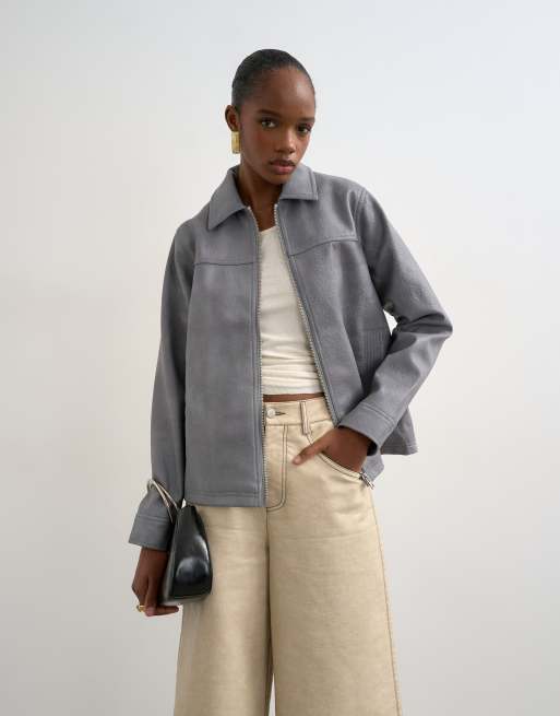 Topshop - Giacca in pelle sintetica color grigio slavato con zip