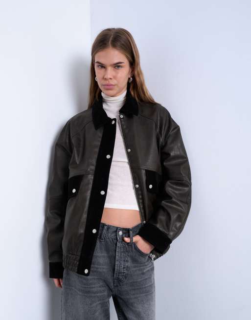 Topshop - Giacca in pelle sintetica marrone con tasche applicate e dettagli in camoscio sintetico a contrasto