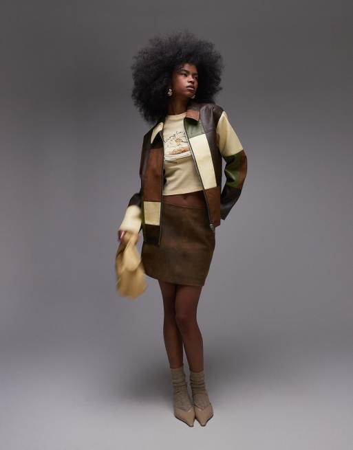 Topshop - Giacca in pelle sintetica multicolore con zip e pannelli a contrasto