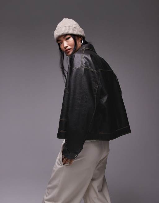 Topshop - Giacca in pelle sintetica nera con zip, 4 di 4