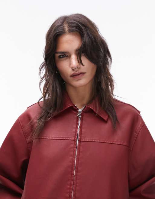 Topshop - Giacca in pelle sintetica rossa con zip centrale davanti, 2 di 4