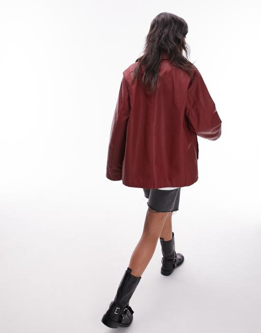 Topshop - Giacca in pelle sintetica rossa con zip centrale davanti, 3 di 4