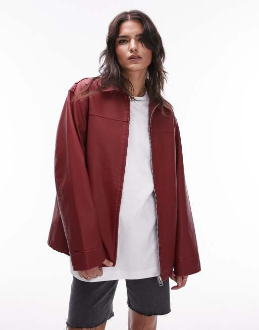 Topshop - Giacca in pelle sintetica rossa con zip centrale davanti, 4 di 4
