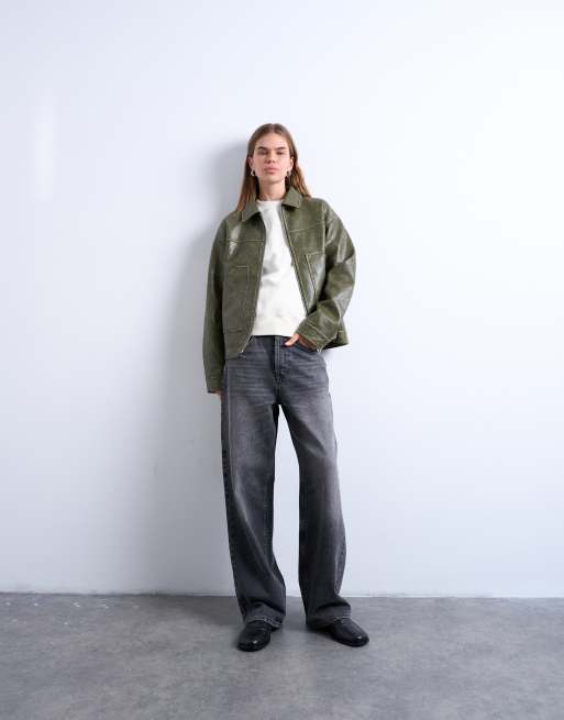 Topshop - Giacca in pelle sintetica verde slavato con zip e tasche applicate, 2 di 4
