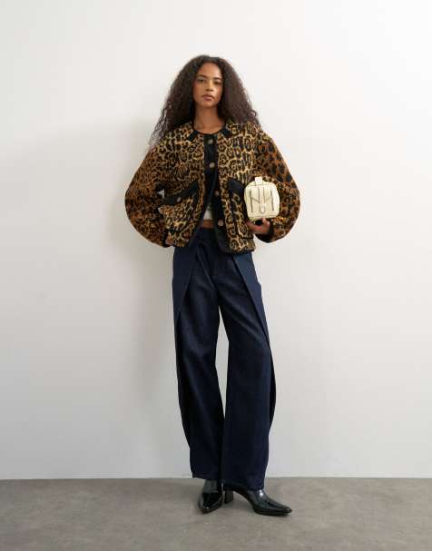 Topshop giacca in pile a coste senza colletto con stampa animalier - view 1