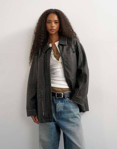 Topshop giacca in similpelle con vita stretta nera - view 1