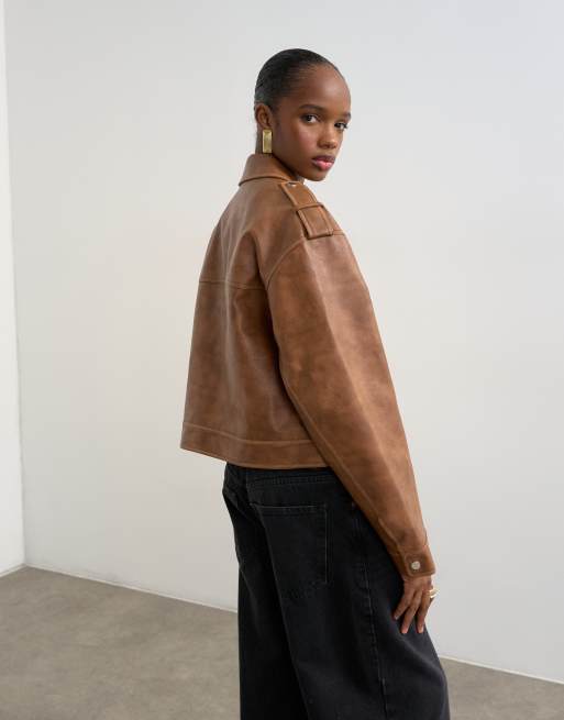 Topshop - Giacca in similpelle PU marrone slavato con zip, 4 di 4