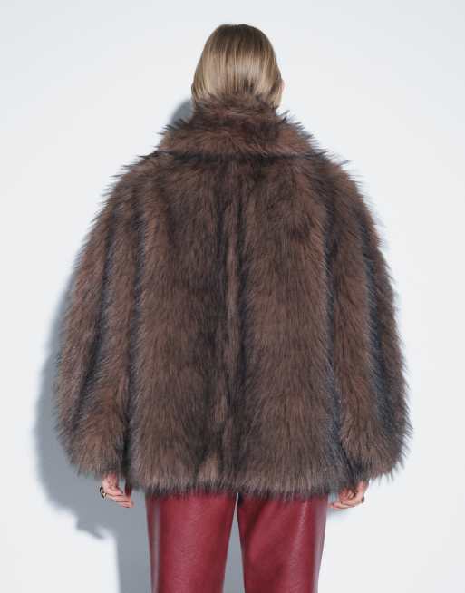 Topshop giacca midi con collo sciallato in pelliccia sintetica marrone chiaro, 4 di 4