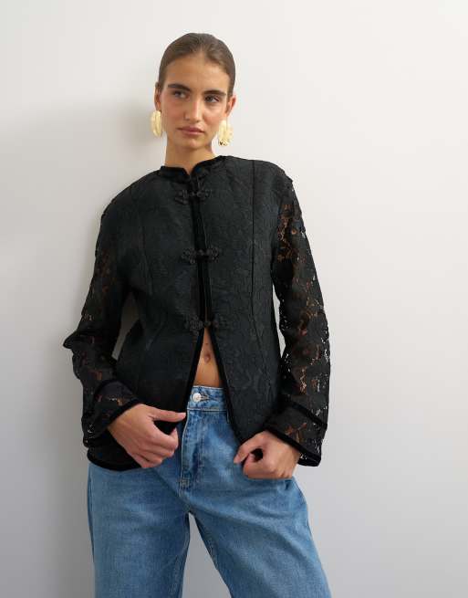 Topshop giacca morbida in pizzo con colletto alla coreana nera, 1 di 4
