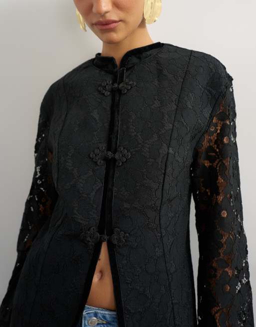 Topshop giacca morbida in pizzo con colletto alla coreana nera, 3 di 4