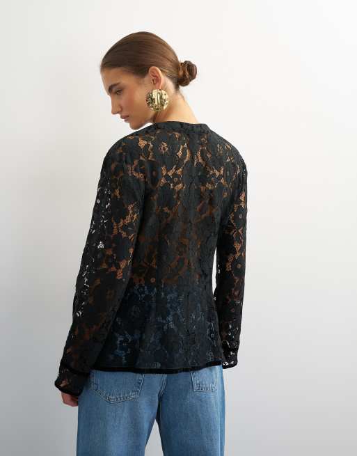 Topshop giacca morbida in pizzo con colletto alla coreana nera, 4 di 4
