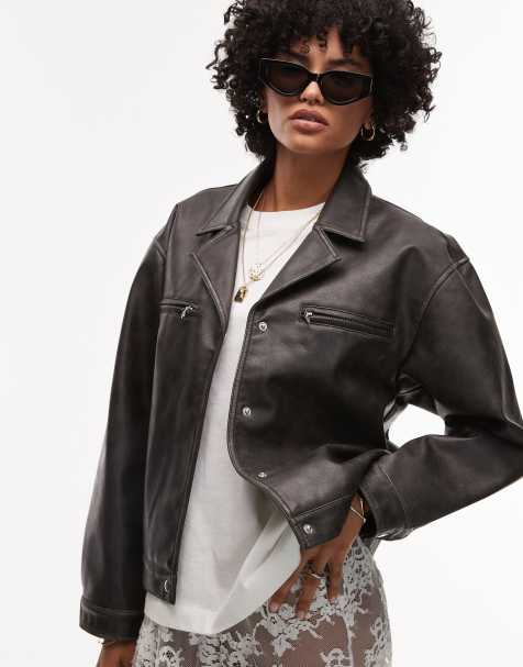 Topshop - Giacca nero slavato taglio corto in pelle sintetica con bottoni - view 1