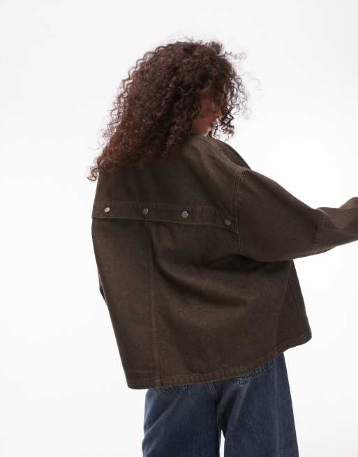 Topshop - Giacca oversize in cotone marrone con colletto a coste, 3 di 4