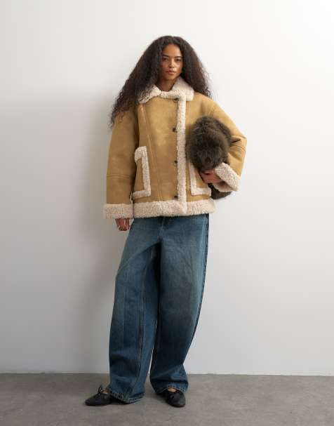Topshop giacca oversize in finta pelliccia effetto montone color cammello - view 1
