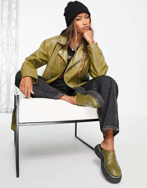 Topshop - Giacca oversize in pelle sintetica verde oliva, 3 di 4