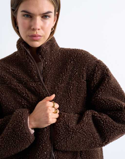 Topshop - Giacca oversize in pile cioccolato screziato con collo a imbuto, 3 di 4