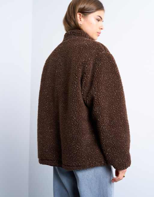 Topshop - Giacca oversize in pile cioccolato screziato con collo a imbuto, 4 di 4
