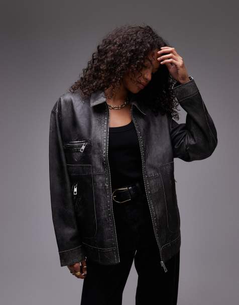 Topshop - Giacca premium con colletto e chiusura zip in vera pelle nero slavato - view 1