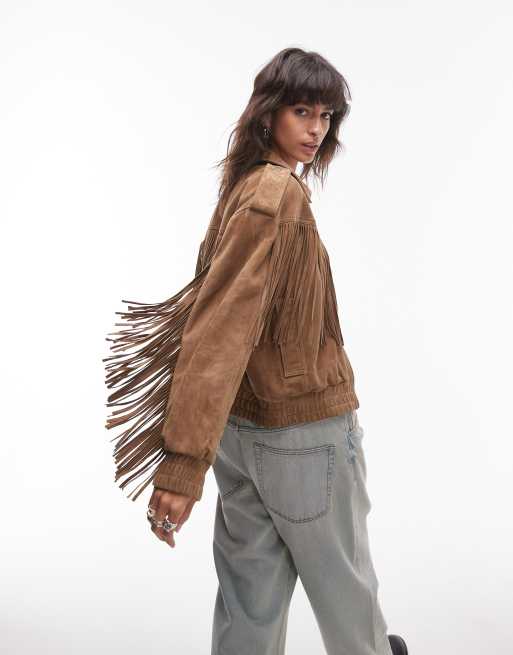Topshop - Giacca premium in vero camoscio color sabbia con frange