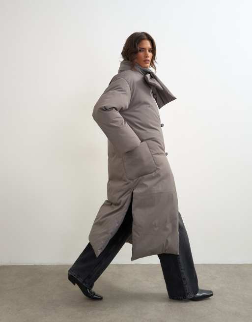 Topshop giacca puffer lunga con sciarpa rimovibile color tortora, 1 di 4