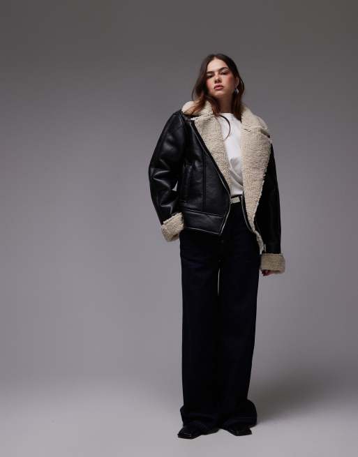 Topshop - Giacca stile aviatore in montone nera e color crema