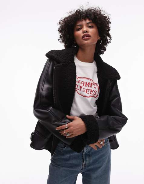 Topshop - Giacca stile aviatore nera con dettagli in montone - view 1