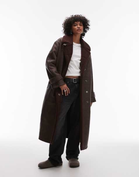 Topshop - Giacca stile aviatore taglio lungo in pelle sintetica bordeaux con finiture in montone - view 1