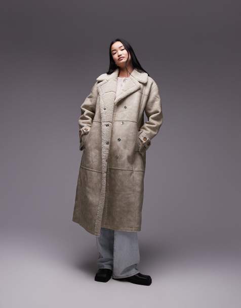 Topshop - Giacca stile aviatore taglio lungo in pelle sintetica crema con finiture in montone - view 1