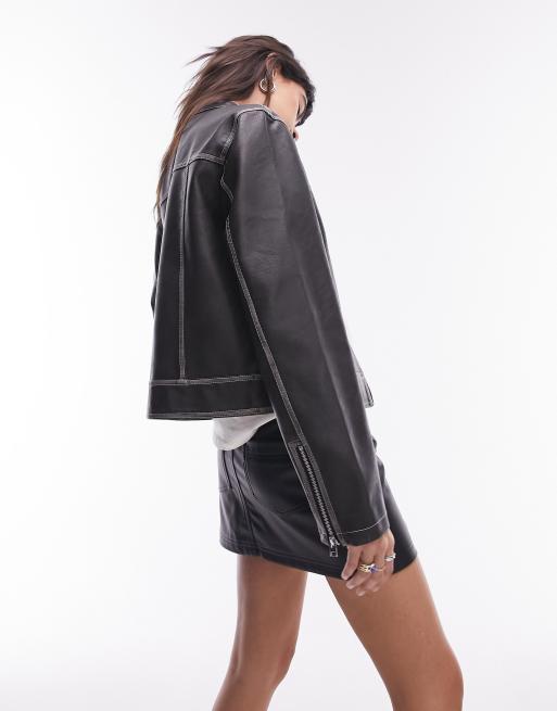 Topshop - Giacca stile biker in pelle sintetica slim fit nera, 2 di 4