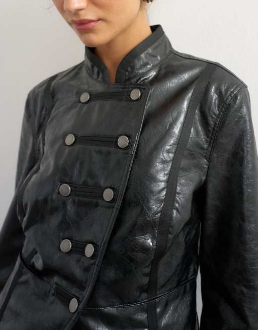 Topshop giacca stile militare in pelle sintetica nera, 4 di 4