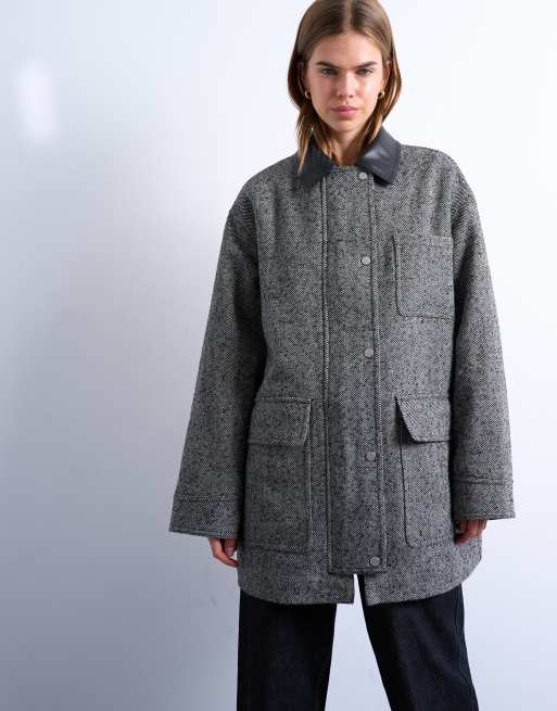 Topshop - Giacca stile militare in twill heritage con colletto in pelle sintetica nera a contrasto