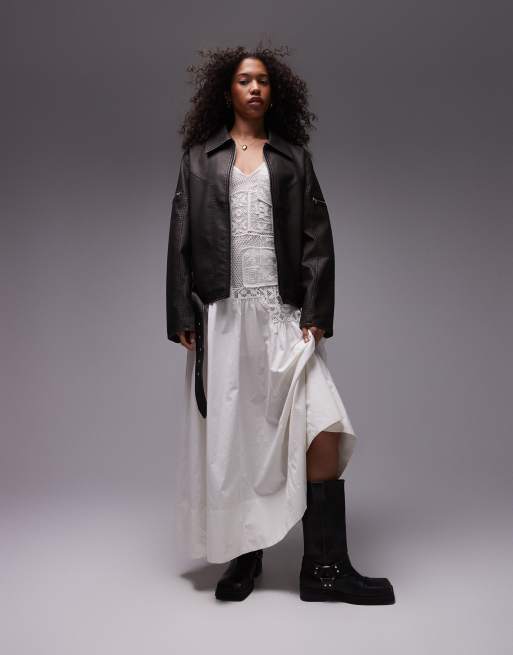Topshop - Giacca stile motociclista in pelle sintetica marrone scuro con zip sul davanti al centro