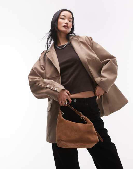 Topshop - Giacca taglio comodo in camoscio sintetico beige chiaro
