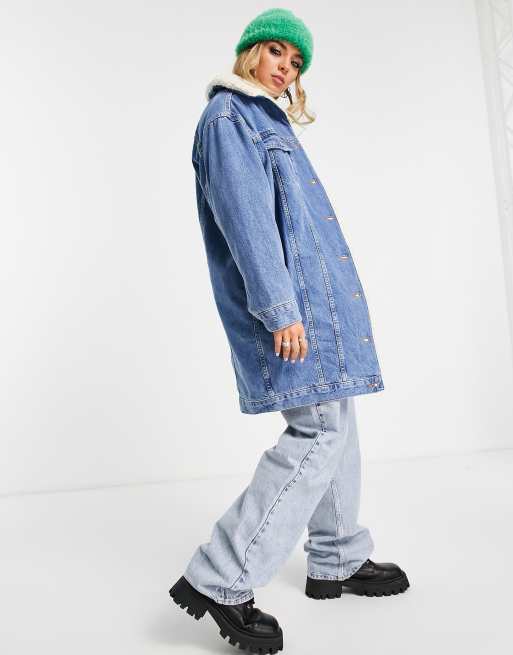 Topshop - Giacca taglio lungo con pile borg blu medio